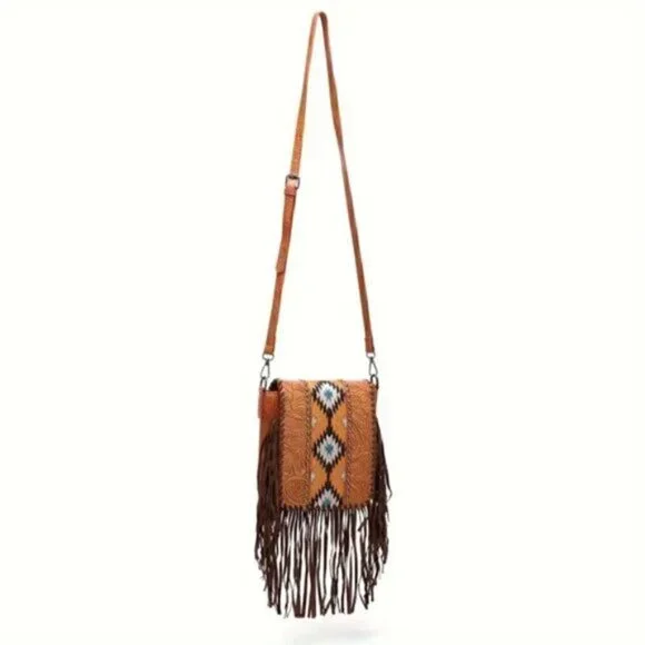 Vintage Bohemian Style Rivet Crossbody Bag, Tassel Aztec Tribal Fringe Purse - Picture 3 of 5